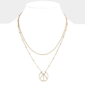 Gold Peace Sign Charm Pendant Necklace Double Layered Statement Jewelry Chain